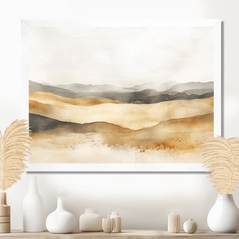 Couches abstraites neutres gris doré I - Paysages - Tableau encadré, H 24 po x l 32 po, White Picture Framed