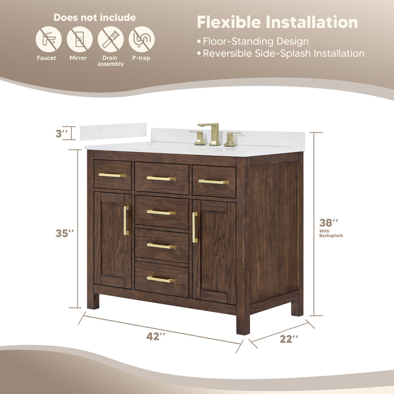 Beckett 42" Freestanding Single Bathroom Vanity with Quartz Top, Dark Walnut, Brushed Nickel, Giotto Quartz