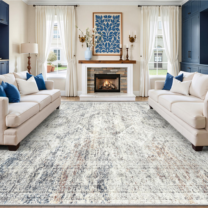 Washable Distressed Persian Rug, Rectangle 8' x 10', Blue/Ivory