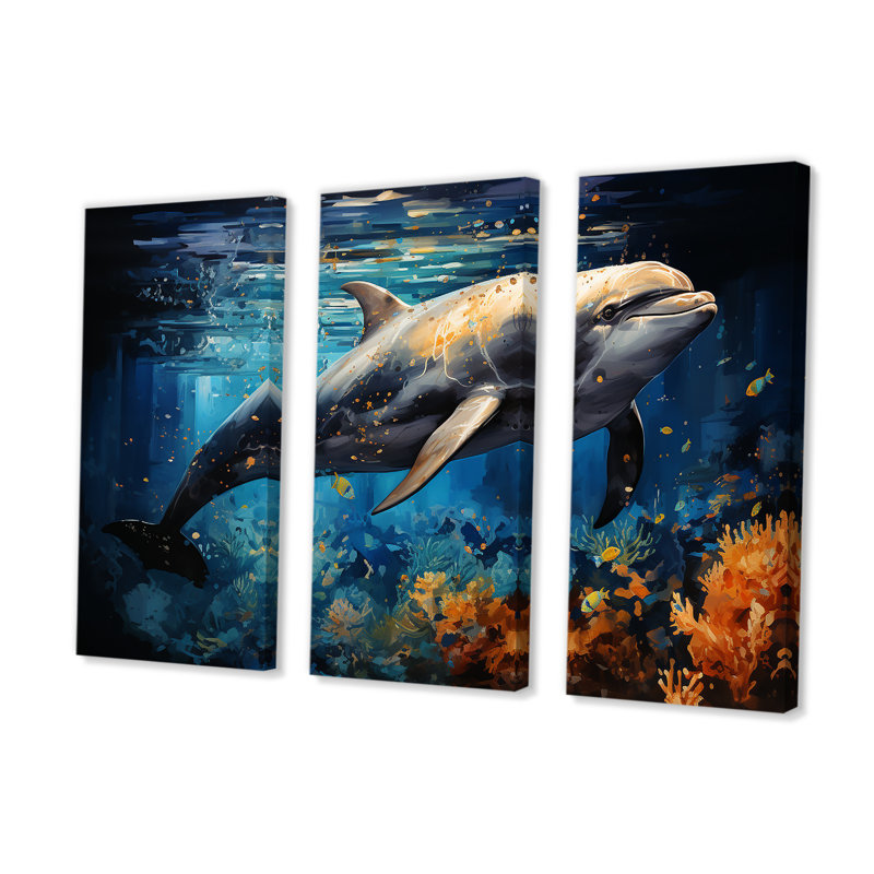 «Dolphin Odyssey», ensemble d'art sur toile, H 32 po x l 48 po