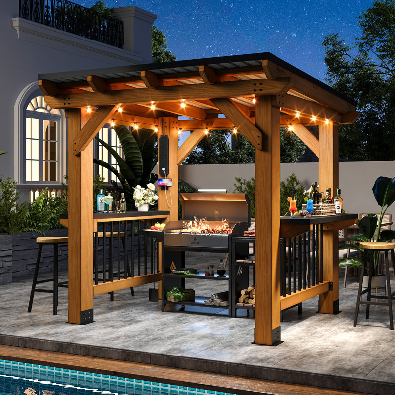 Pavillon de jardin grillagé avec toit en métal à toit rigide, pavillon de barbecue extérieur en bois de cèdre avec tablettes latérales et rail de bar