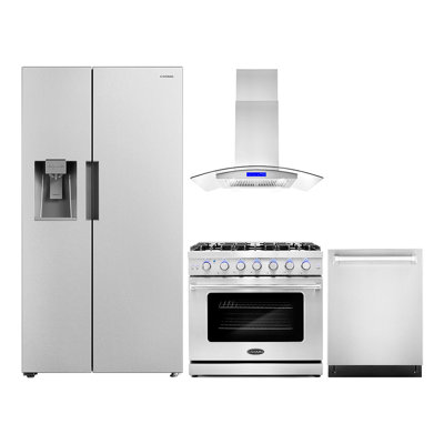 4 Piece Kitchen Package with Side by Side Refrigerator & 36" Freestanding Gas Range