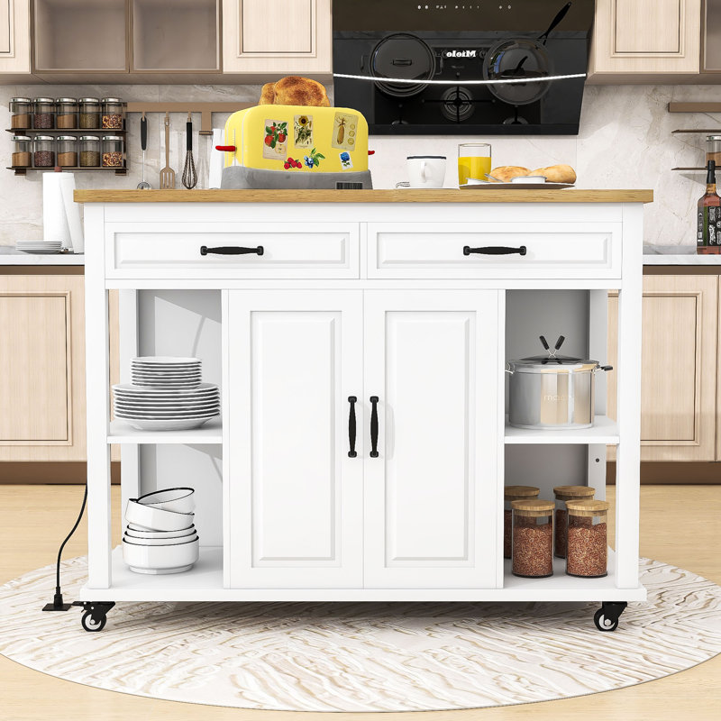 Expandable Mobile Kitchen Island Cart with Built-in Charging Station and Internal Storage, White