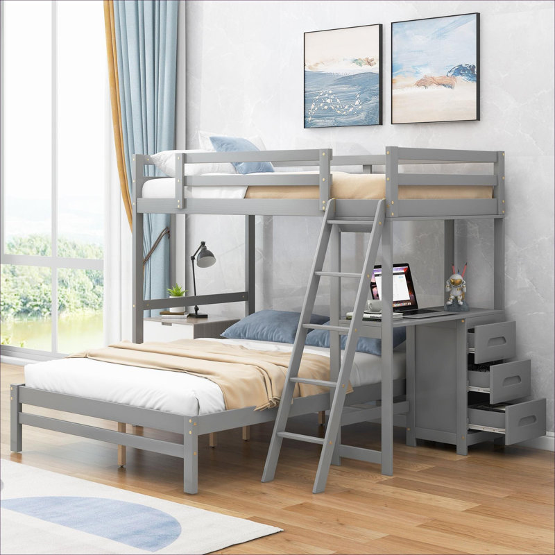 Petit lit superposé simple au-dessus d'un lit double en bois massif avec bureau intégré et trois tiroirs de rangement, Gray