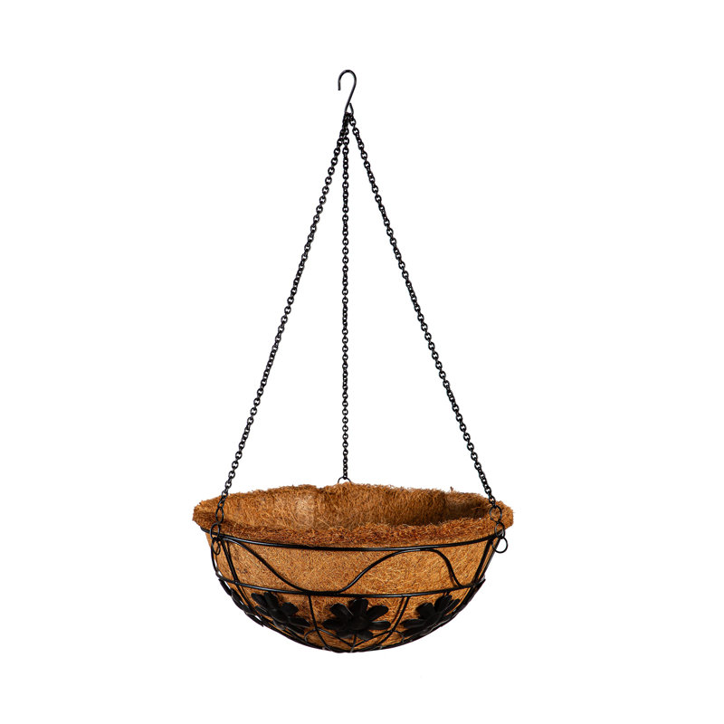 Pot à fleurs suspendu en métal avec doublure coco, fleurs