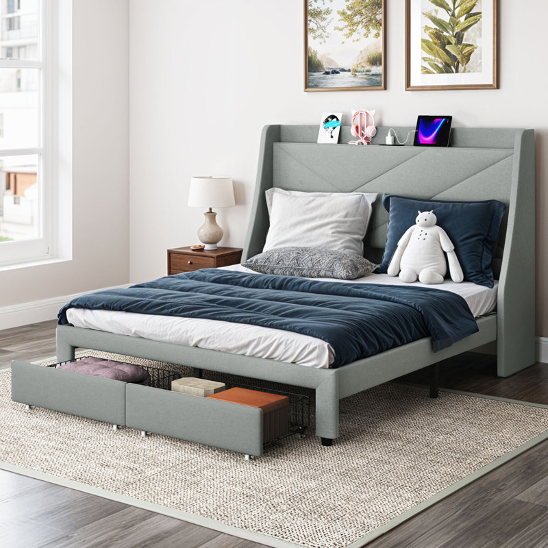 Genevi Storage Upholstered Bed with Built In USB Port, Grey