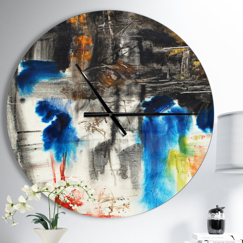 Motif noir, bleu et jaune - horloge murale moderne, Moyen