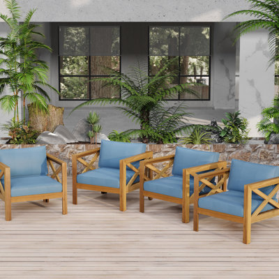 Fauteuils club d'extérieur en bois avec coussins bleus imperméables, conversation, convenant à tous les espaces confortables et ergonomiques