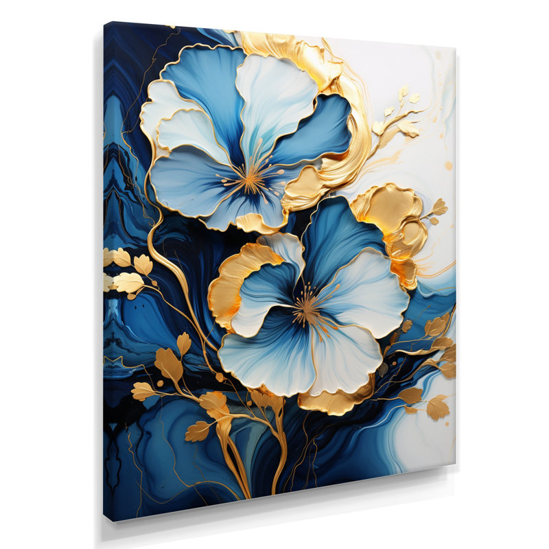 «White Blue Flower Gold Leaves - Abstract Modern Waves», art mural, H 20 po x l 12 po x P 1 po, Toile tendue