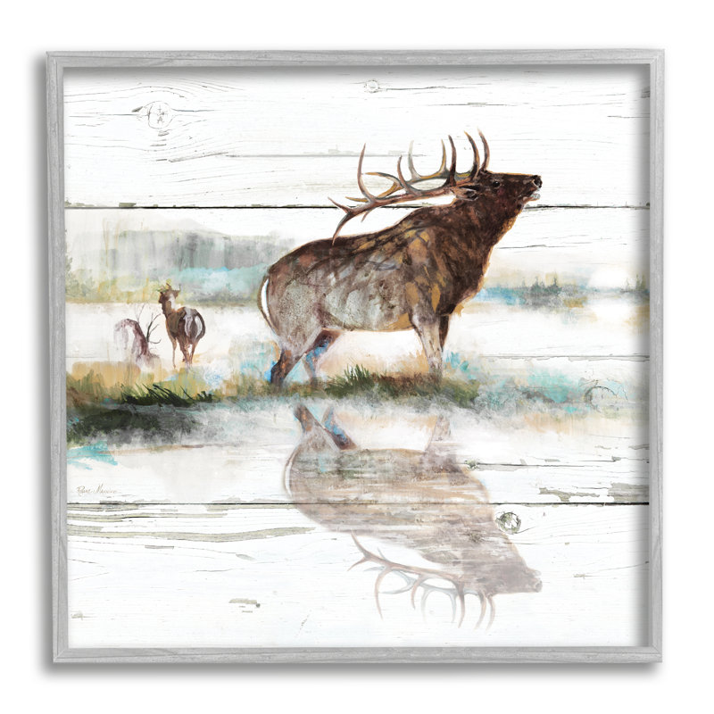 Elk and Wild Deer Forest Animal Watering Hole Black, estampe numérique encadrée, art texturé par Ruane Manning