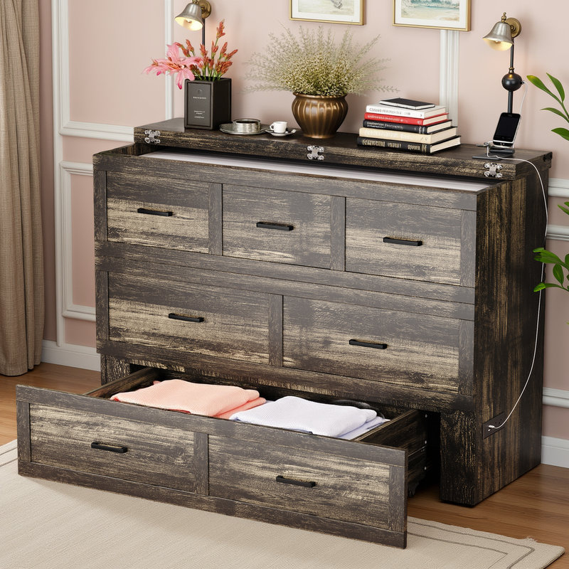 Lit armoire Murphy avec station de charge et tiroir de rangement, Grand lit, Gris