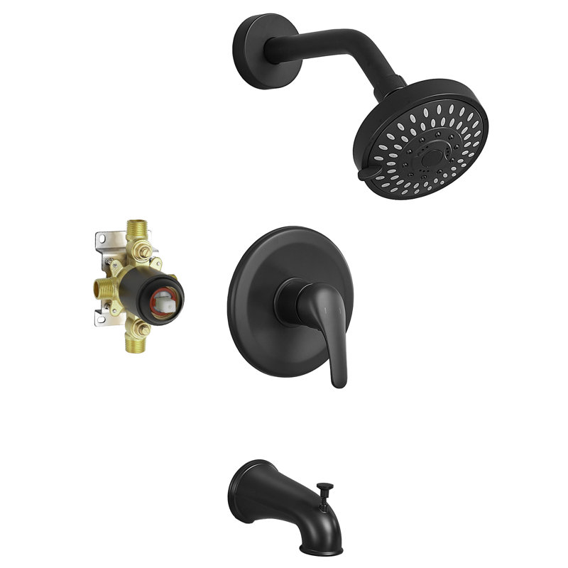 Robinet de baignoire et de douche à une poignée à 6 jets et robinet de douche 1,8 gallons par minute en noir mat (avec soupape incluse)