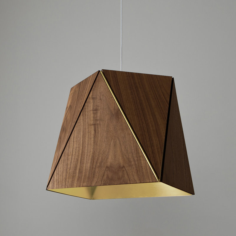 Luminaire suspendu géométrique unique en bois à 1 lumière Calx, Noyer / laiton brossé, 2700 K, H 6,38 po x l 10 po x P 10 po