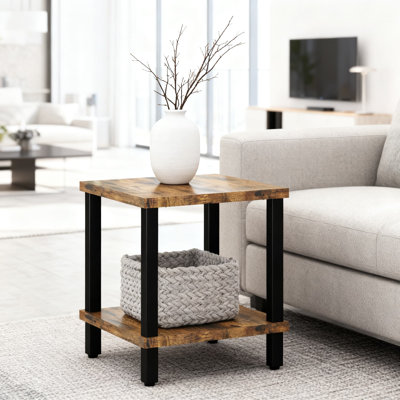 Table de bout industrielle carrée avec tablette de rangement à 2 niveaux, grande table d'appoint de 20 pouces pour le salon et la chambre à coucher, design moderne brun rustique