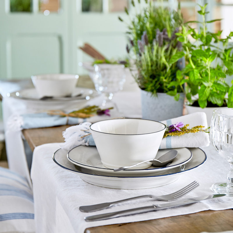 Beja Piece Handmade Stoneware Dinnerware Set, White/Blue