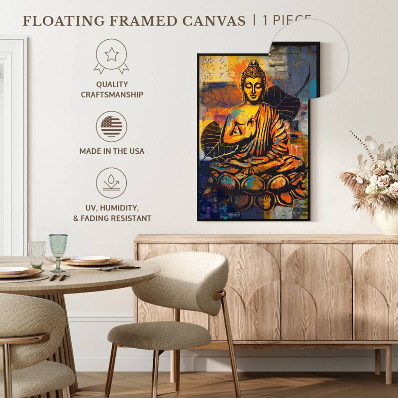 Bouddha assis en forme de lotus, Cadre flottant noir, 27 po x 40 po