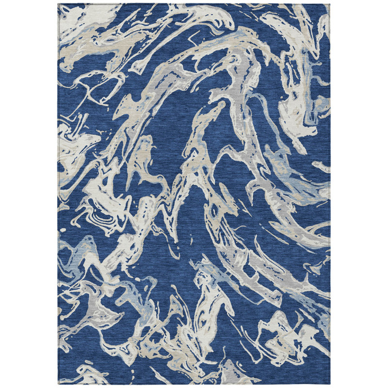 Tapis extérieur lavable abstrait bleu marine, gris et ivoire 5 pi x 8 pi
