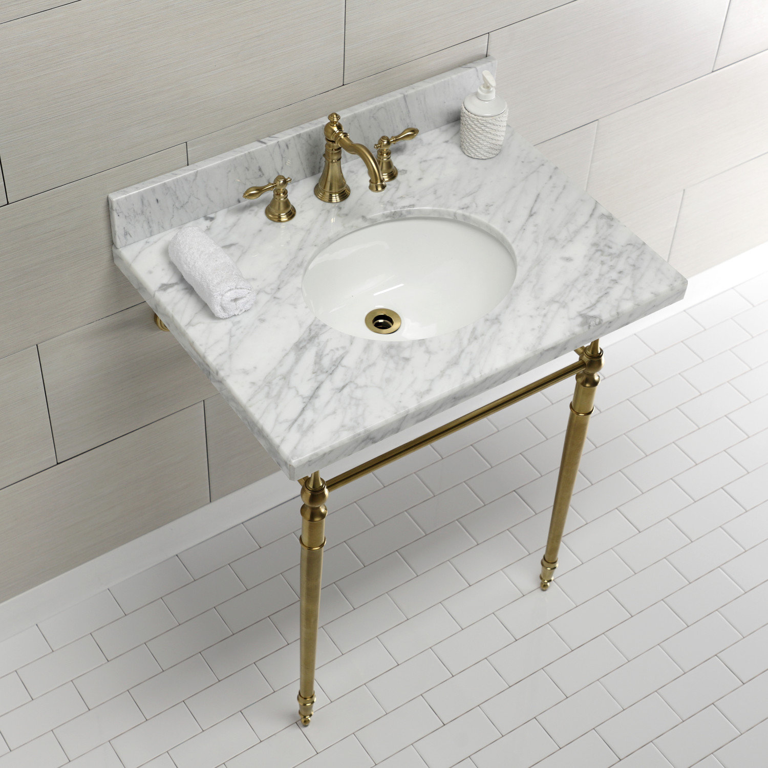 Kingston Brass Edwardian 30-Inch Carrara Marble Console Sink with Brass Legs (8-Inch, 3-Hole), Marble White/Brushed Brass