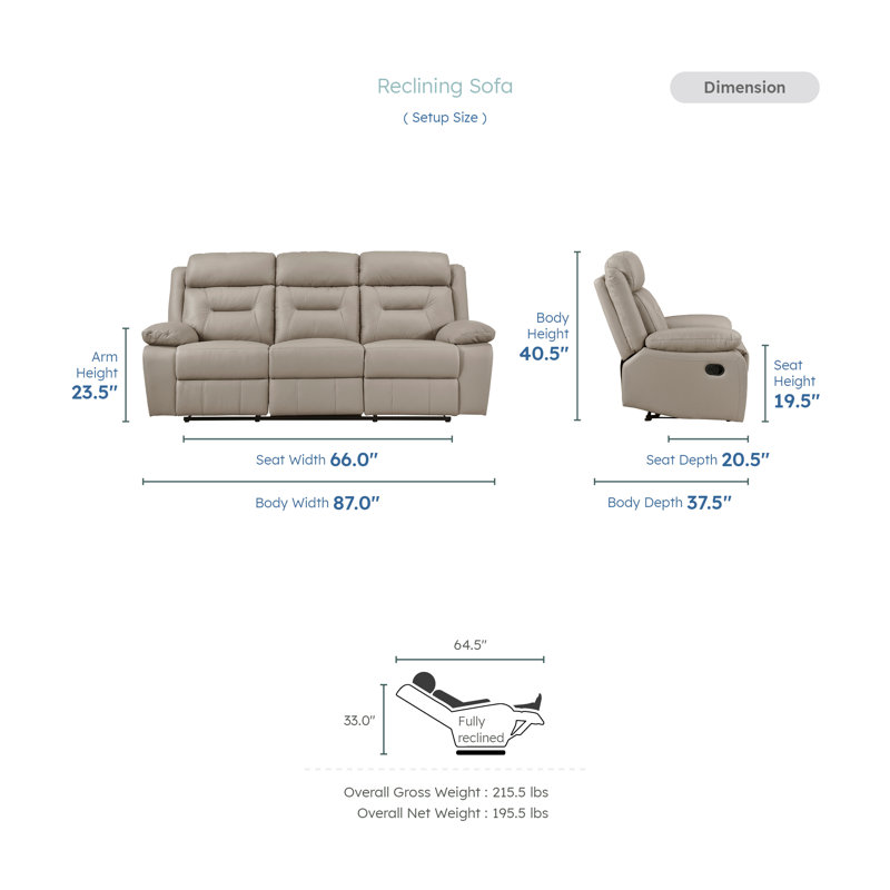 Canapé inclinable manuel en cuir Grain de 87 po Sitz, Cuir de café au lait assorti, Manuel
