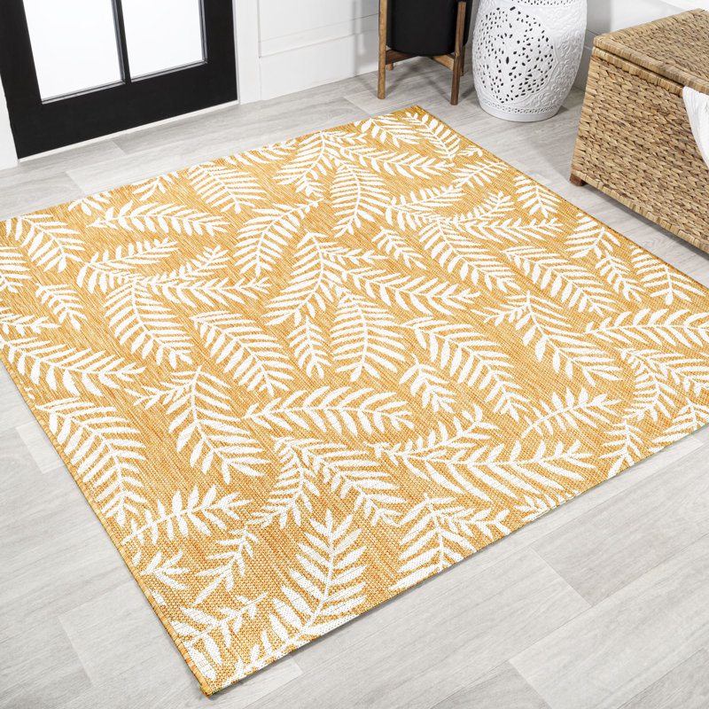 Crossreagh Nevis Palm Frond Yellow/Cream Indoor/Outdoor Rug, Square 5'3"