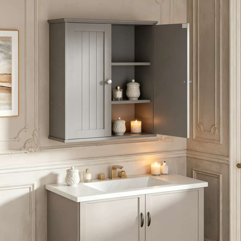 Armoire à pharmacie murale avec 2 portes, organisateur de rangement au-dessus de la toilette, tablettes à 3 niveaux, économie d'espace, gris