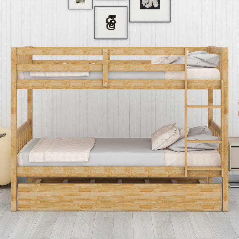 Lit superposé modulaire en bois avec lit gigogne, conception convertible et garde-corps de sécurité, Chêne blanc