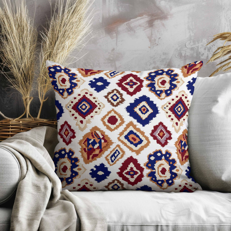Oreiller imitation daim Ikat Diamond, Carré 20 po, Bleu / Blanc / Orange