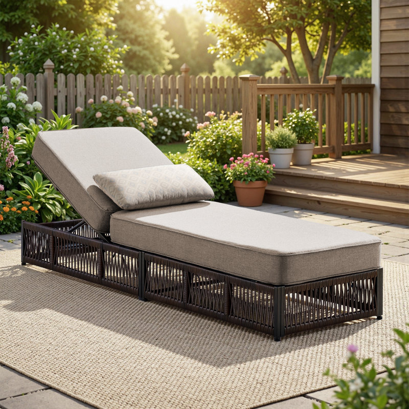 15.4" H Adjustable Wicker Outdoor Chaise Lounge with Cushion, Beige