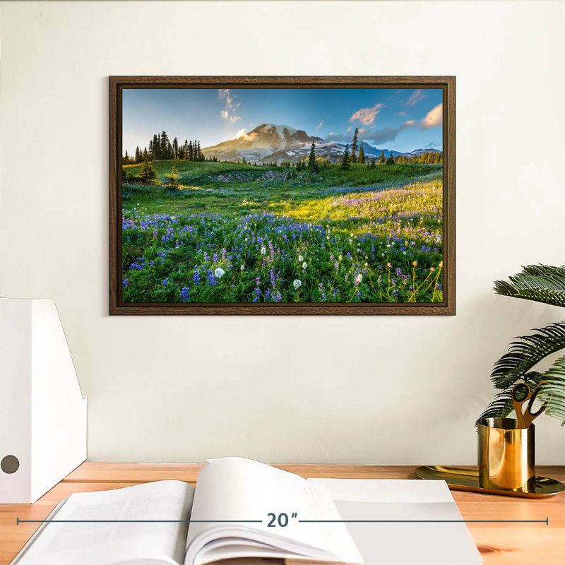 Le printemps au mont Rainier, 13 po x 9 po, Cadre flottant noyer