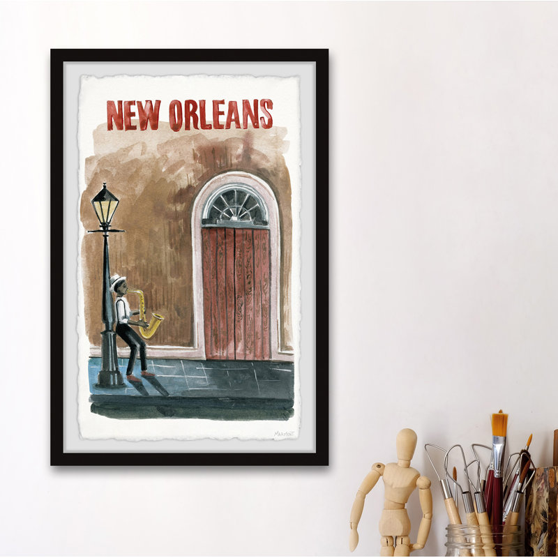 Street Trumpeter par - peinture encadrée, H 45 po x l 30 po x P 1,5 po
