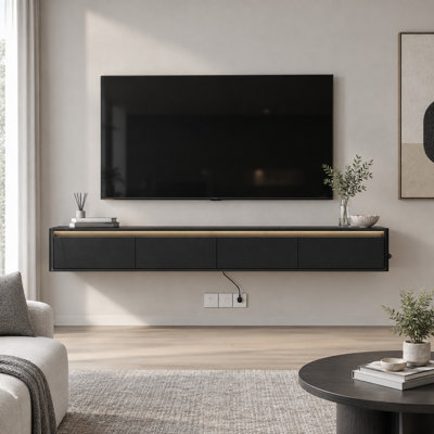 Wall Mounted Floating TV Stand with LED Lights, Power Outlet & USB Ports, High-Gloss Media Console with Open Storage