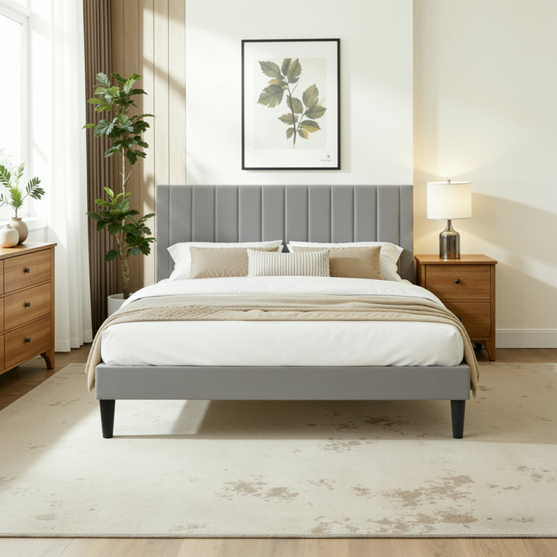 Lit plateforme tapissier moderne avec tête de lit sans couture, aucun sommier nécessaire, double, grand, très grand