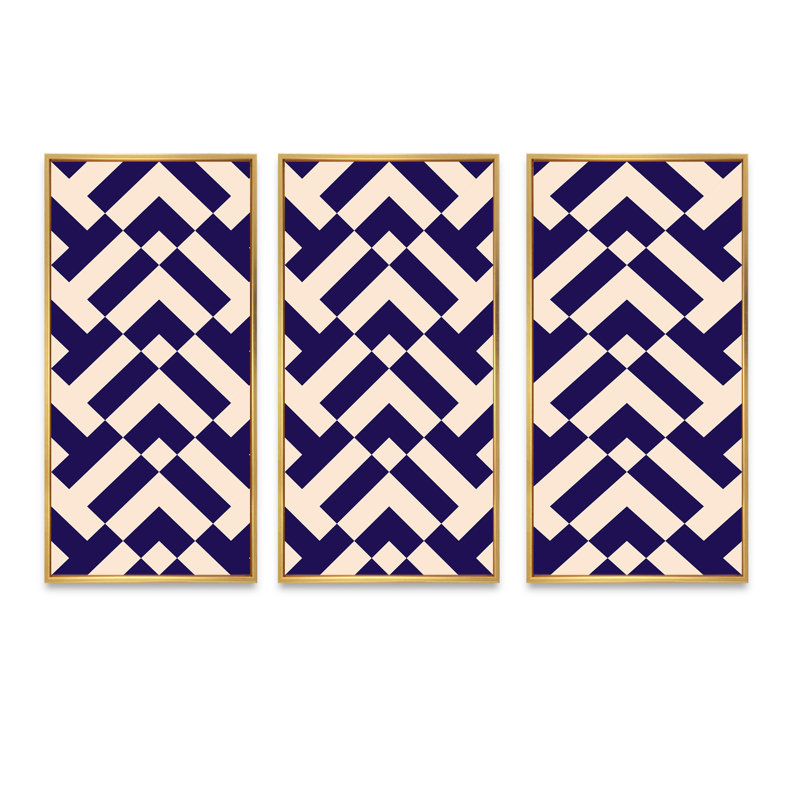 «Blue and Pink Geometrics», ensemble de 3 reproductions d'art encadrées sur toile, H 20 po x l 36 po x P 1 po, Or