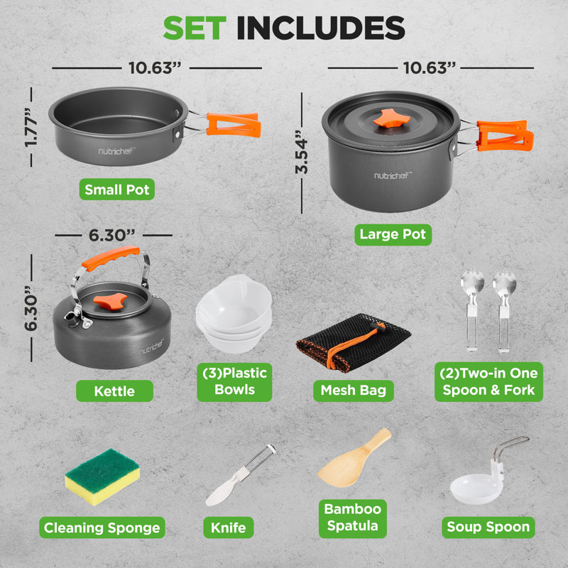 Ensemble de batterie de cuisine pour le camping Nutrichef - Pots, casseroles, ustensiles, bols, couverts et outils de nettoyage antiadhésifs légers avec sac en filet, poignées pliables, équipement de cuisson extérieur compact pour la randonnée et les voyages (gris)