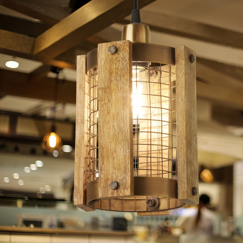 Luminaire suspendu en métal doré brossé 5 "avec abat-jour en bois
