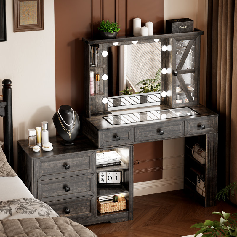 Makeup Vanity Desk With Storage Cabinet and Power Outlet, Brown