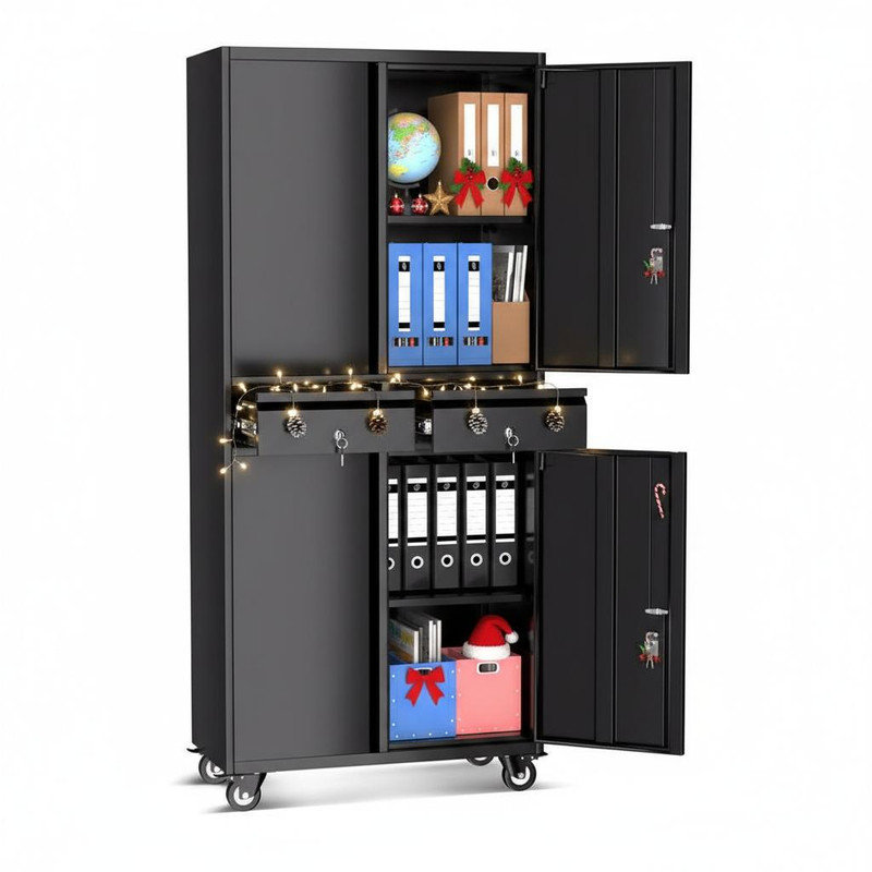 73'' Metal Storage Cabinet with Wheels, Heavy Duty Garage Storage with 4 Lockable Doors, 2 Drawers and 2 Adjustable Shelves for Home,Office,Warehouse,Garage