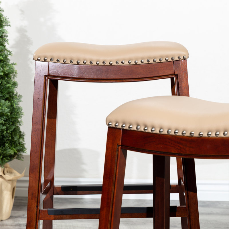 Tabouret de 30 po en cerisier, siège en cuir os - et tabouret d'apparence élégante avec une qualité durable, Beige, Cerisier