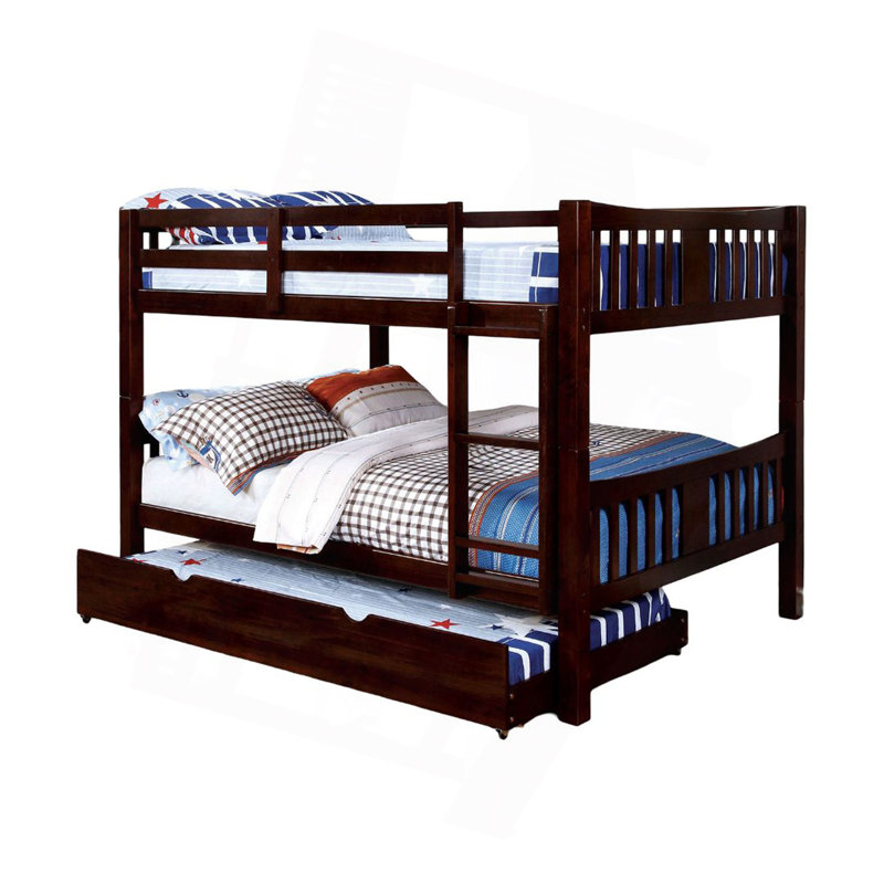 Lit escamotable en bois massif de style transitionnel avec lit superposé double au-dessus d'un lit double et couchette en noyer foncé inclus