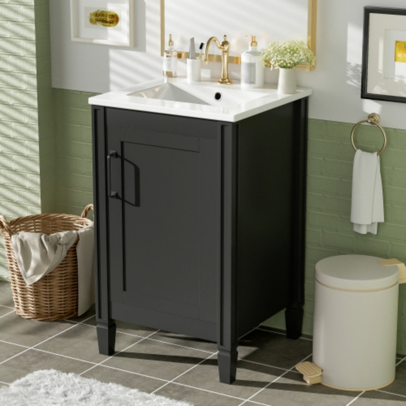 Petit meuble-lavabo 20 "avec lavabo en céramique - Porte à fermeture douce, tablette ajustable en forme de U, Noir