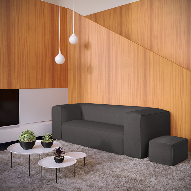 Varick Cube Ottoman, Box Weave Linen Graphite, Ebony