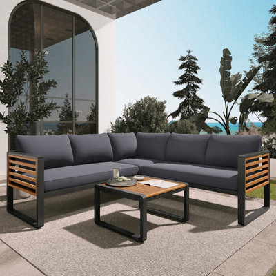 4 Pieces Outdoor Patio Conservation Set, Metal And Wood Frame Sectional L-Shaped Sofa With Soft Cushion And A Coffee Tables For Garden, Backyard, Porch And Deck