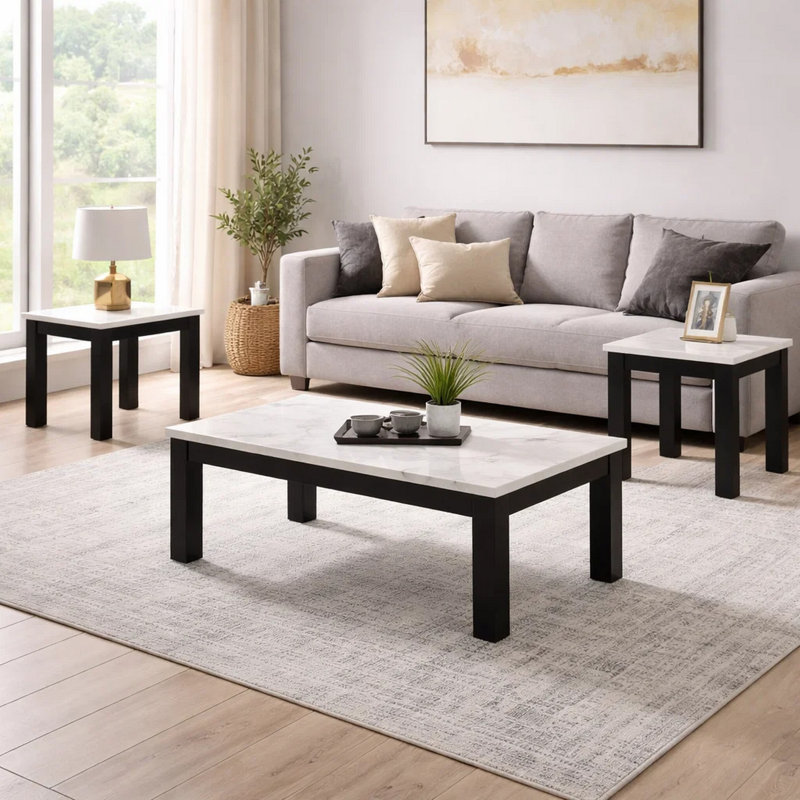 Ensemble de table basse et de bout 3 pièces Evie, plateau en faux marbre blanc, noir