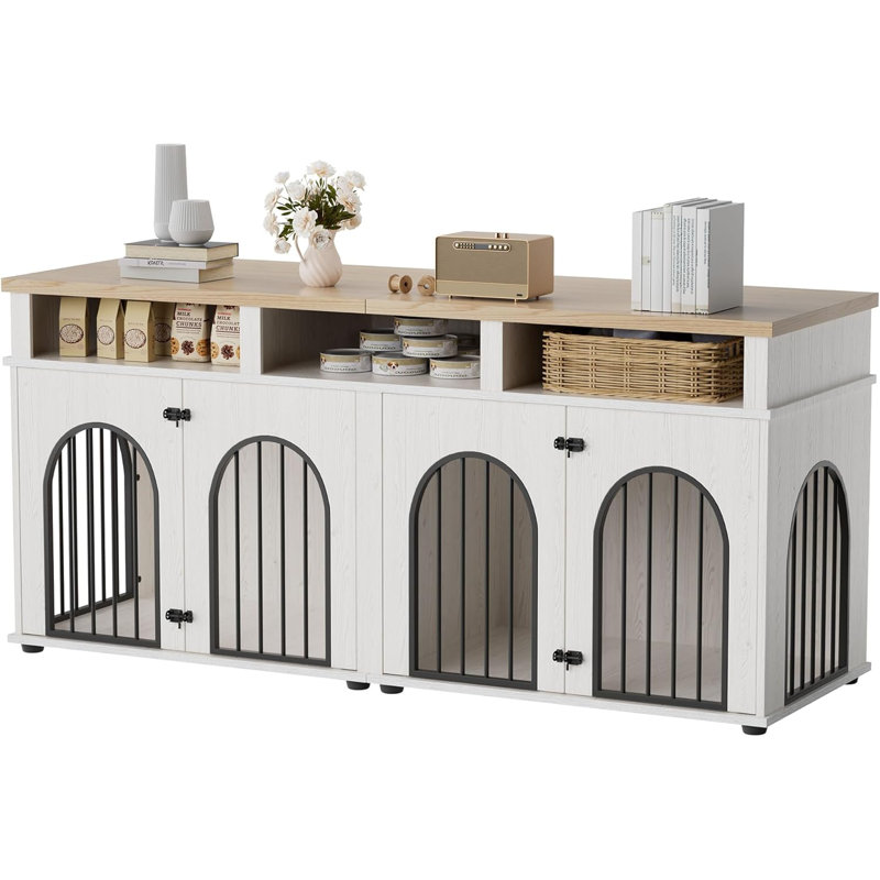Meuble double cage pour chien de 71 po pour 2 chiens de taille moyenne, Blanc / Brun