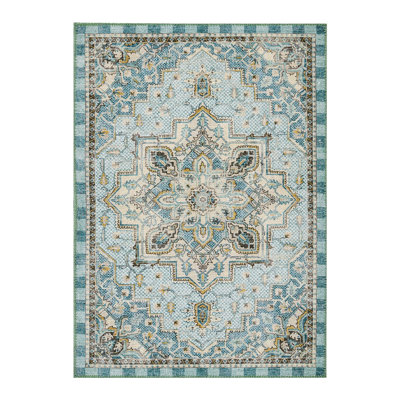 Heriz Checked Aqua Washable Rug