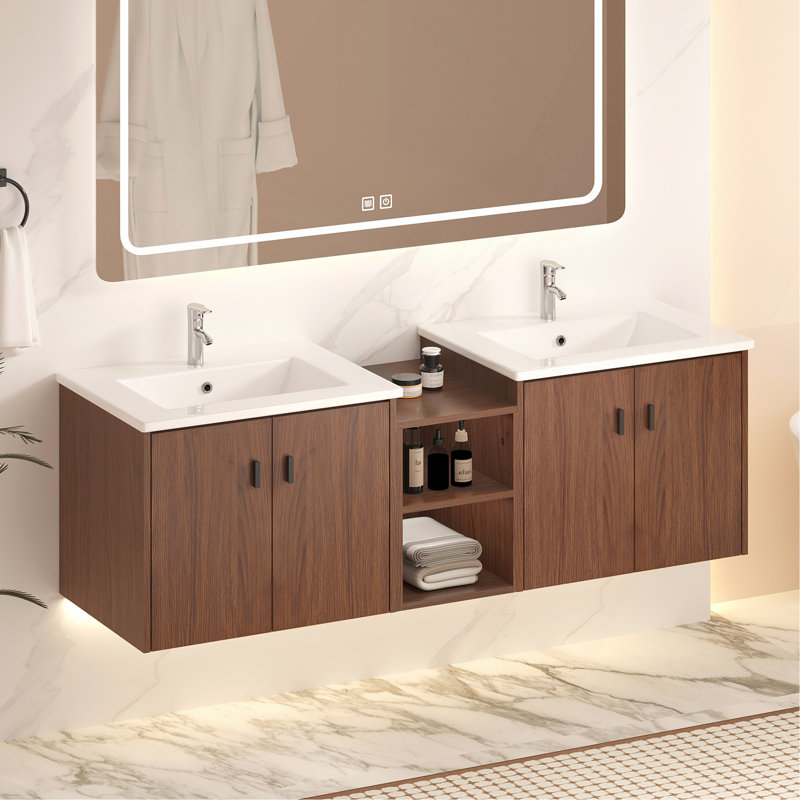 Meuble-lavabo 60 po à fermeture en douceur brun rougeâtre et petites tablettes de rangement