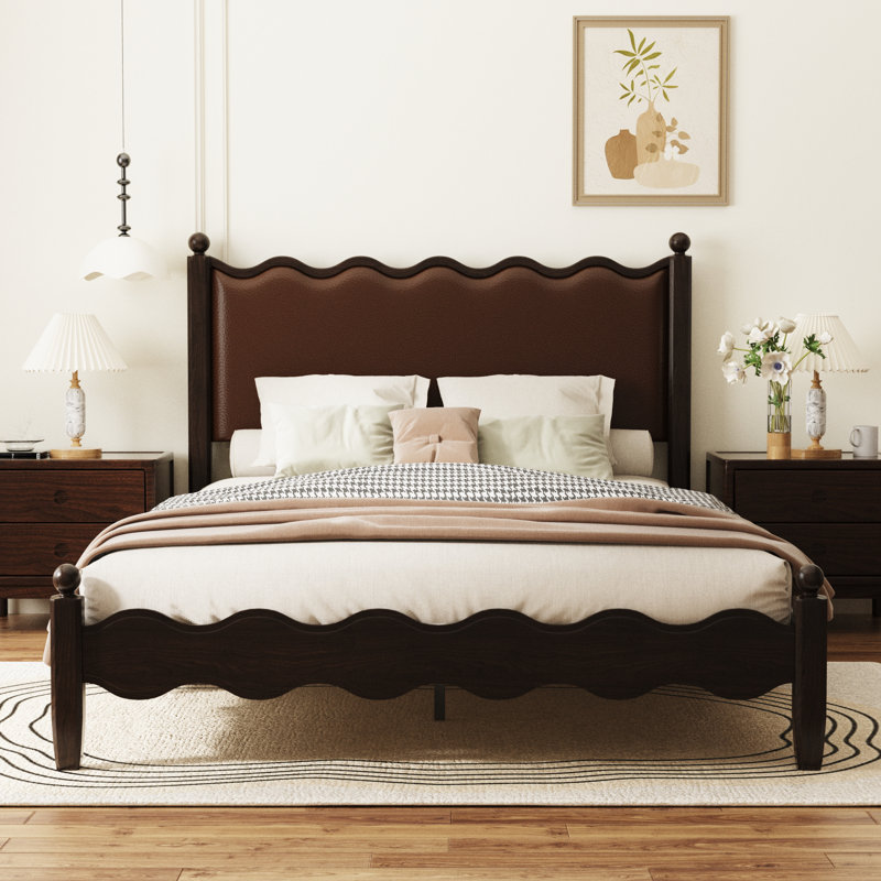 Ines Wood Bed Frame with Upholstered Headboard - Vegan Leather Upholstery, Queen, Brown
