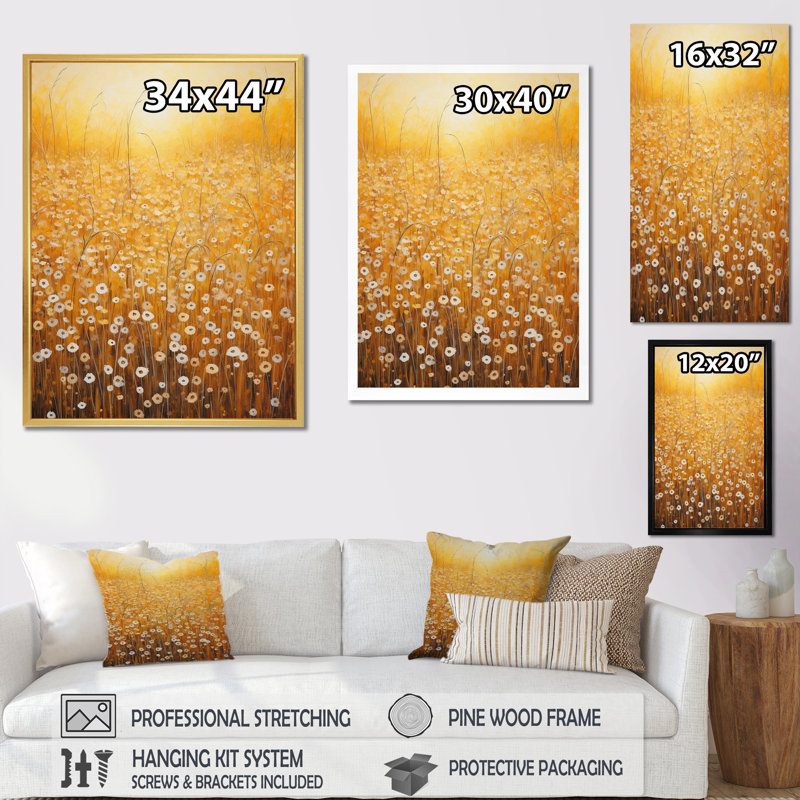 Champ de fleurs dorées, H 40 po x l 30 po x P 1,5 po, Cadre simple noir