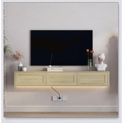 Meuble télé mural flottant avec lumières DEL et prises de courant, finition ultrabrillante pour les salons modernes