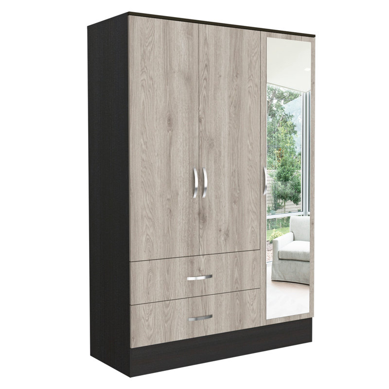 Armoire à miroir Bolton 120, quincaillerie en métal, armoire à deux portes, deux tiroirs, porte simple avec miroir, tringles - multicolore